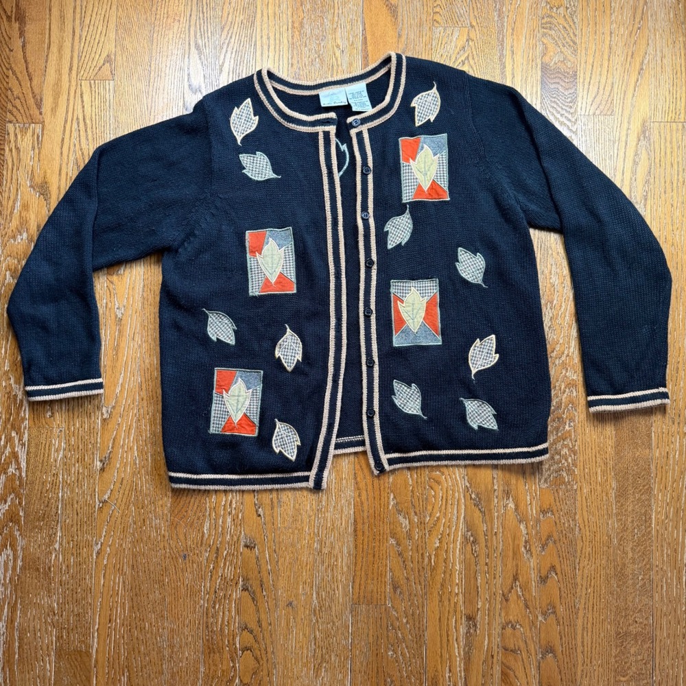 Vintage Bobbie Brooks Fall Cardigan Sweater Womens Large Leaves Embroidery‎ 90's